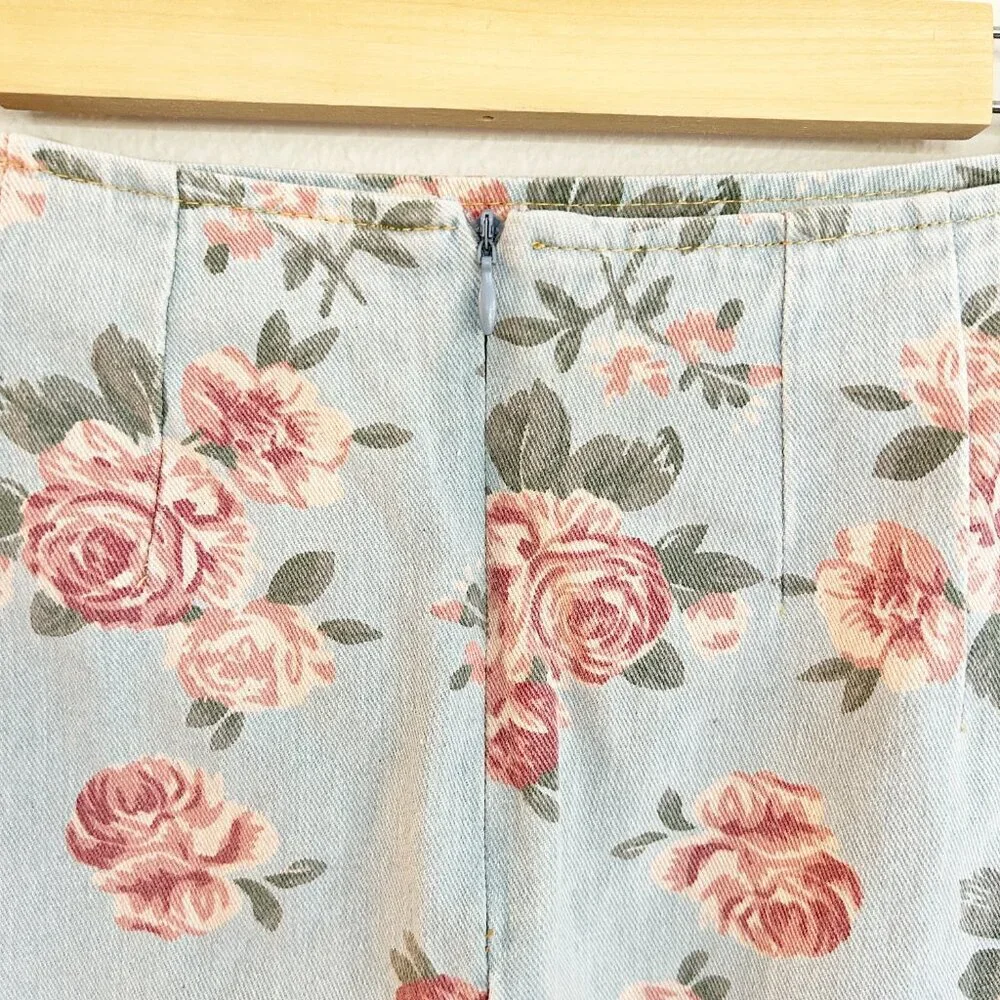 NWT Cider Skirt M Blue Denim Mini Pink Floral Roses Feminine Cottagecore